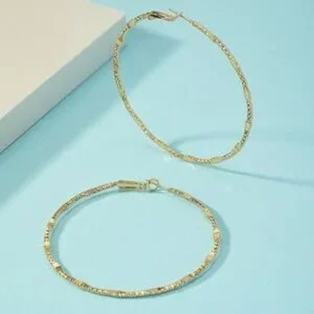 Gold Tone Textured Hoop Earrings 2 Classic Statement Hoop Earrings - Picture 3 of 3